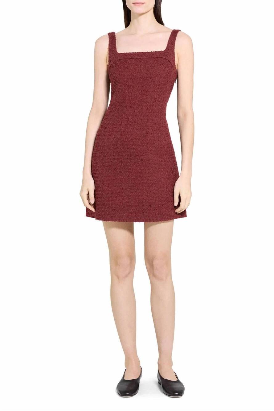 NEW THEORY square neck yoke dress in burgundy